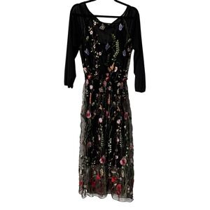 Gigi Italy L Black Floral Butterfly Embroidered Mesh‎ Midi Dress Whimsical Goth